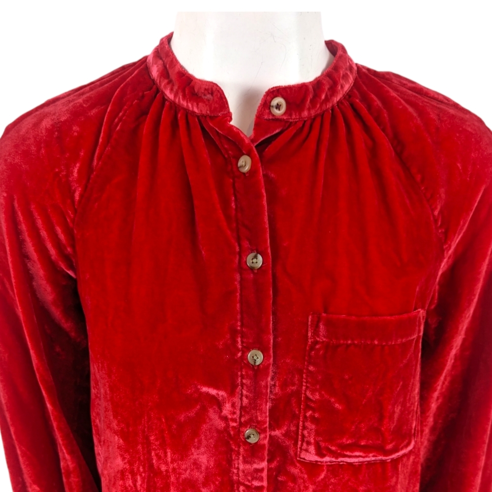 Anthropologie Pilcro Velvet Button Down Puffy Sleeve Shirt Blouse Womens XS Red - Picture 7 of 14